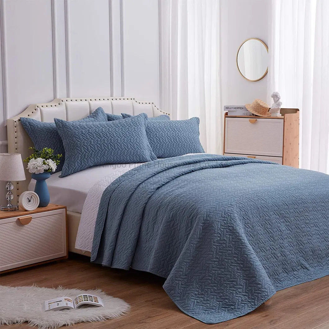 Quilt Set Chain Pattern Bedspread Soft Lightweight Microfiber Coverlet, Luxurious Warm Bed Cover for All Seasons-3 Pieces-Grayish Blue